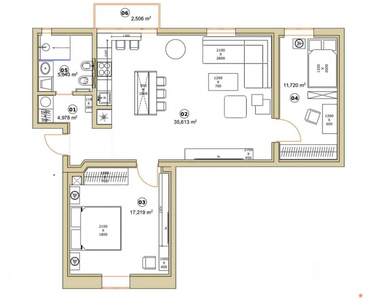 Floor plan — 2-Bedroom Apartment for Sale on Olesia Honchara, 43v — Historical