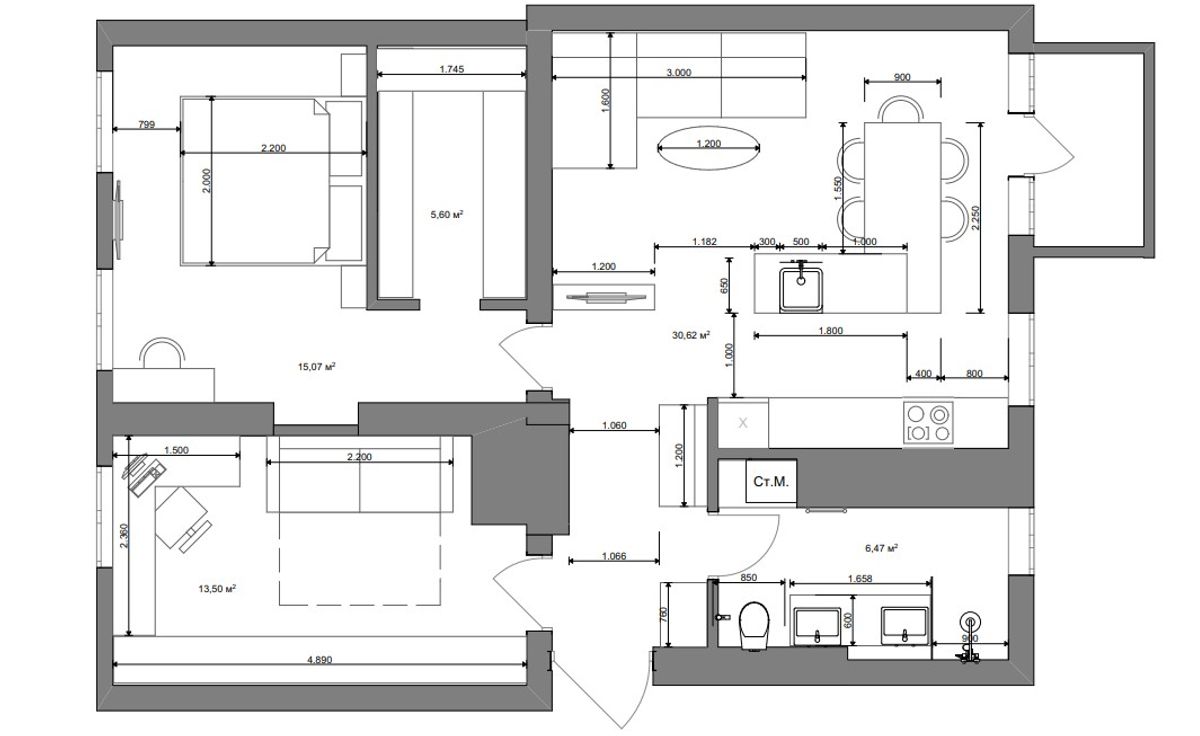 Floor plan — 2-Bedroom Apartment for Rent on Bohdana Khmelnytskoho — Stalinka