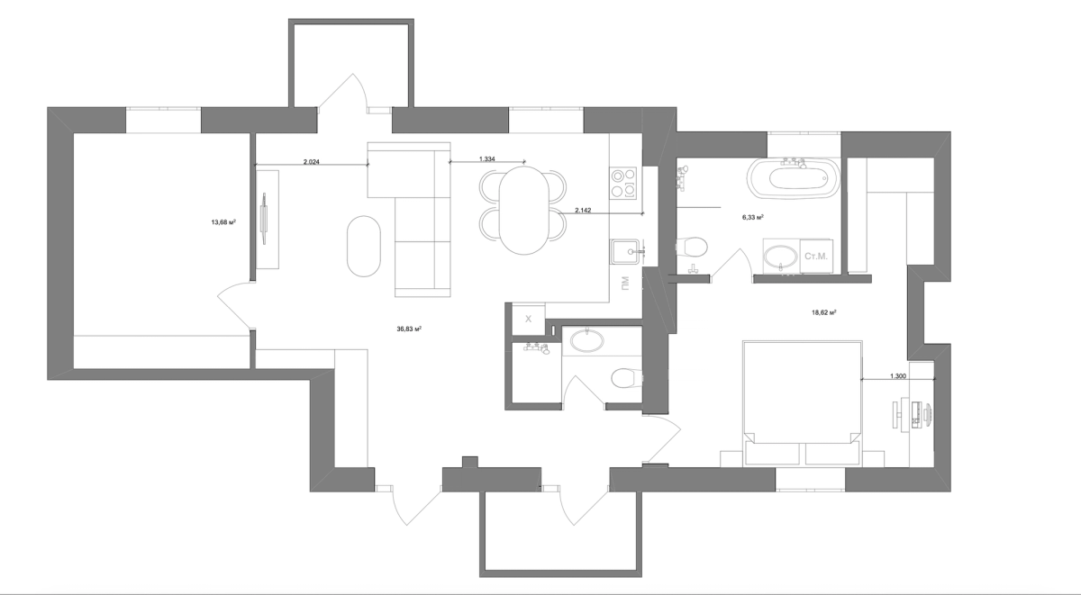 Floor plan — 2-Bedroom Apartment for Rent on Bohdana Khmelnytskoho, 9 — Stalinka