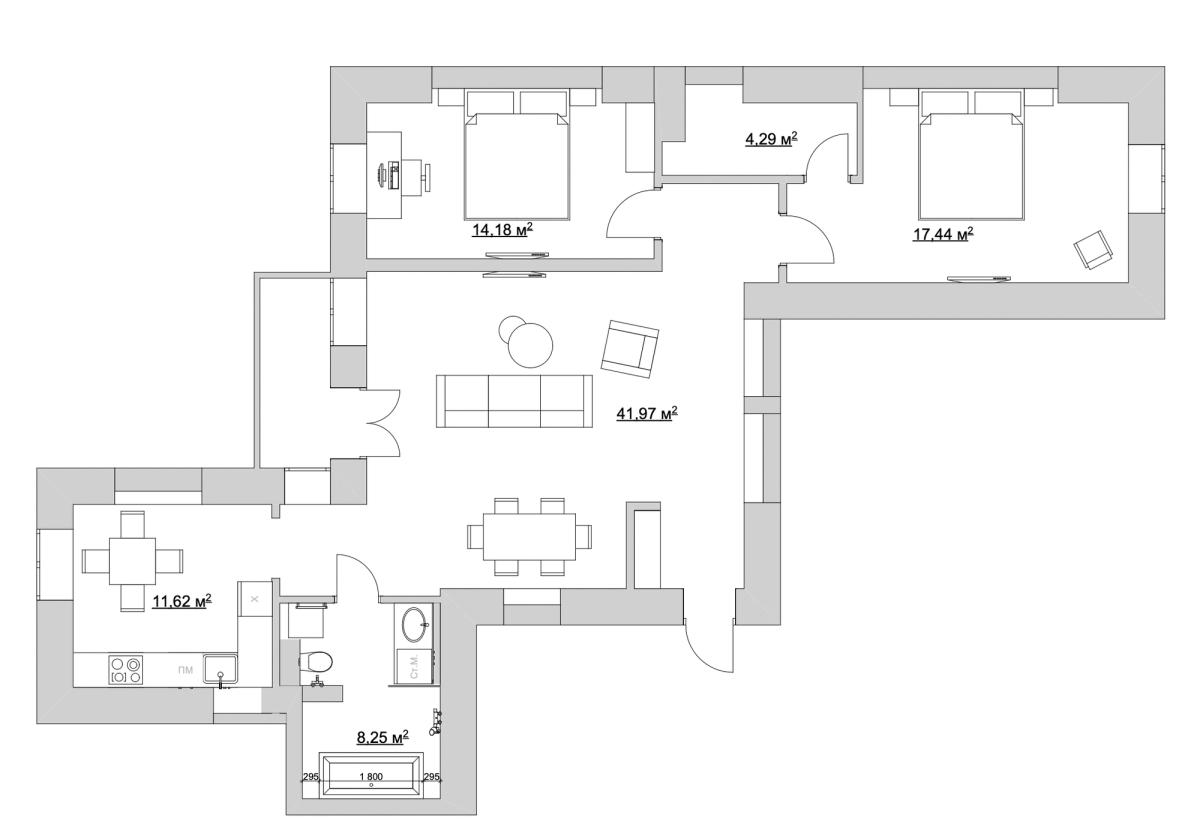 Floor plan — 2-Bedroom Apartment for Rent on Olesia Honchara, 32A — Historical