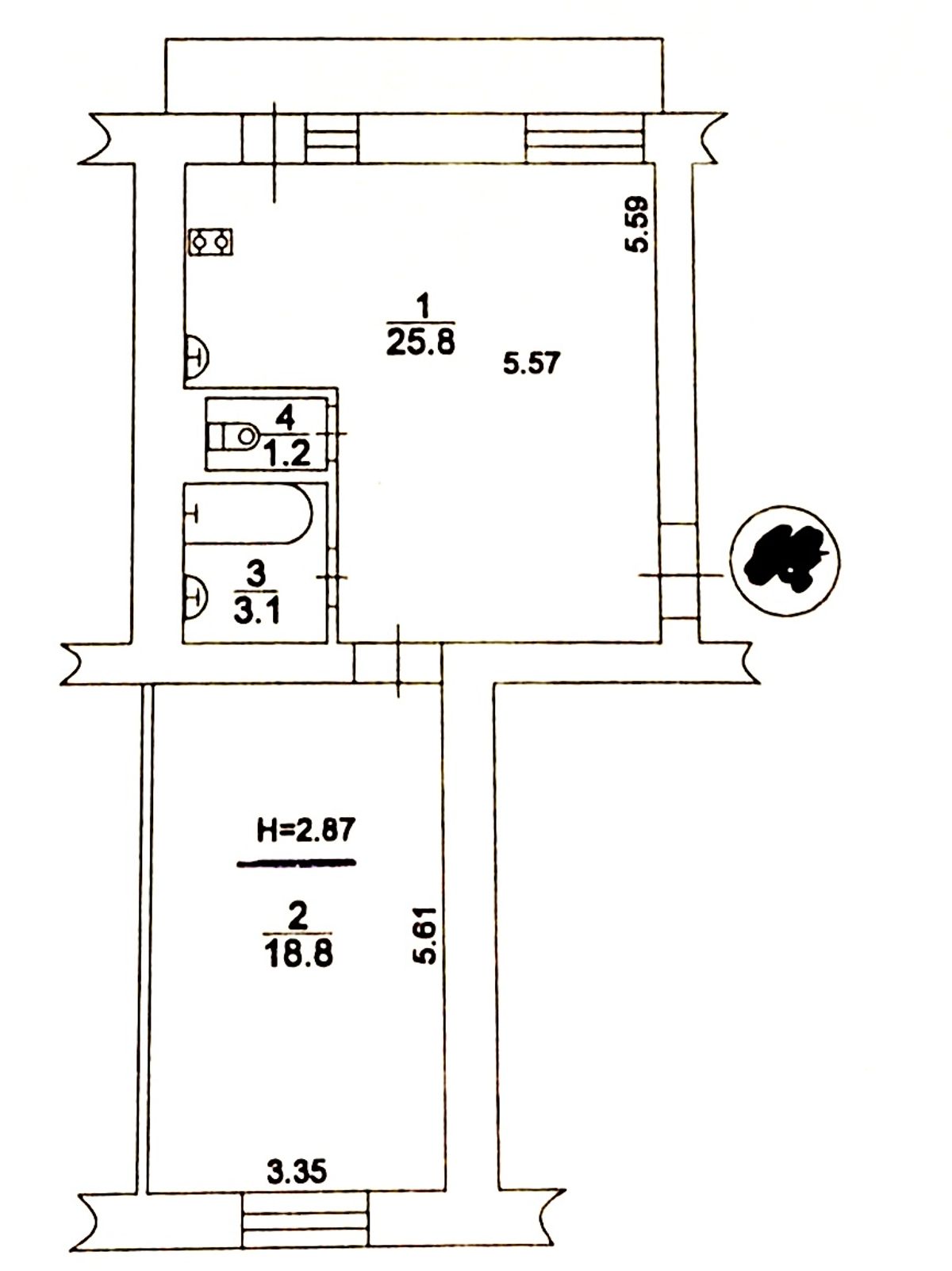 Floor plan — 1-Bedroom Apartment for Sale on Prorizna, 10 — Stalinka