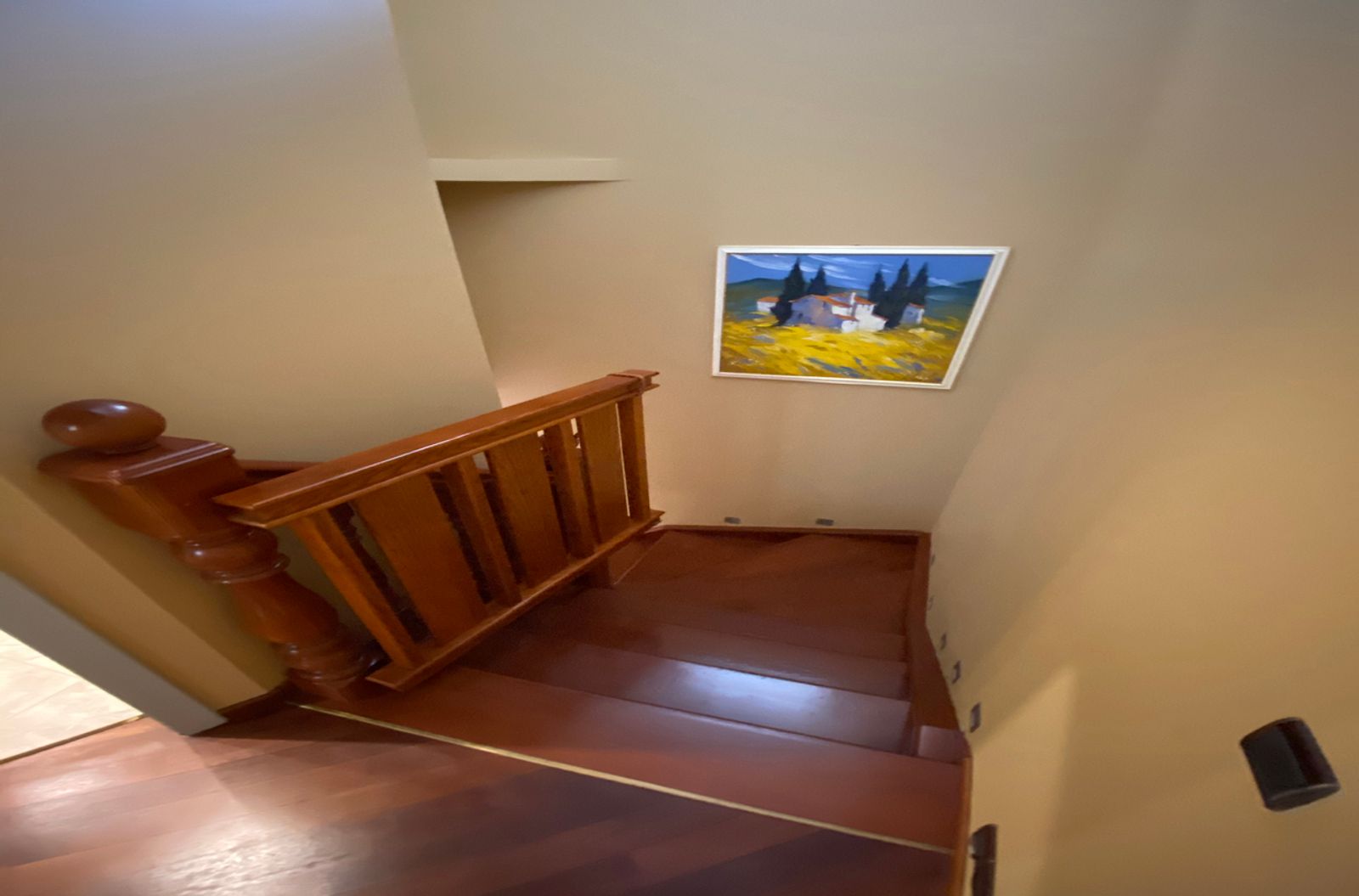 Wooden staircase with ornate railing and landscape art, Antonovycha 7V, Kyiv — Vestor.Estate
