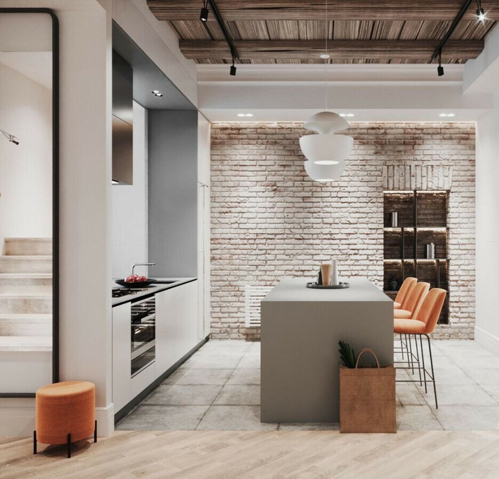 Modern kitchen with brick wall, island, and exposed wood ceiling, Mykoly Lysenko, Kyiv — Vestor.Estate