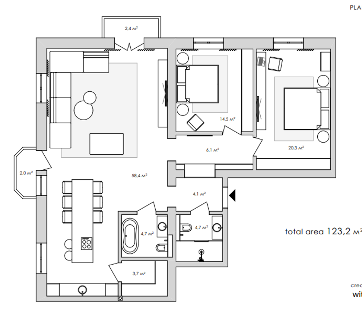 Floor plan — 2-Bedroom Apartment for Rent on Prorizna, 4 — Historical