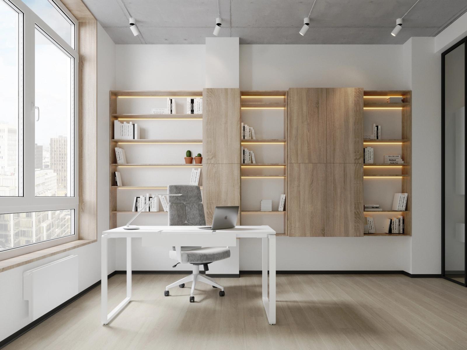 Modern office with white desk, wood shelving, and large window, Zhylianska 68, Kyiv — Vestor.Estate