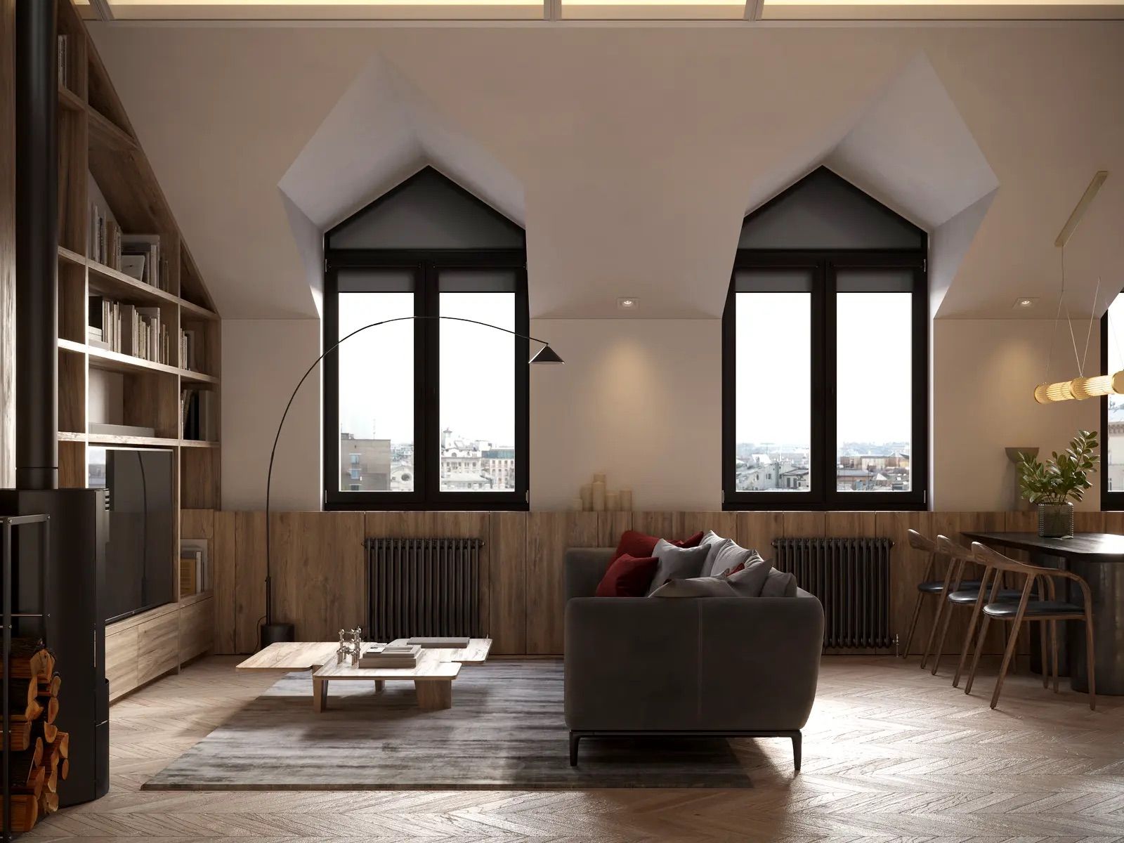 Living room with vaulted ceiling, wood paneling, and large windows, Instytutska 13A, Kyiv — Vestor.Estate
