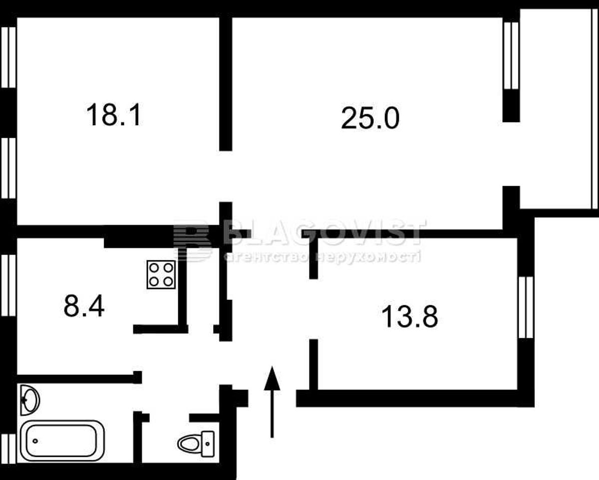 Floor plan — 2-Bedroom Apartment for Sale on Bulvarno-Kudriavska, 31a — Stalinka