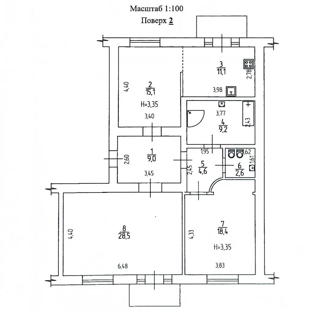 Floor plan — 1-Bedroom Apartment for Rent on Tereshchenkivska, 7 — Stalinka