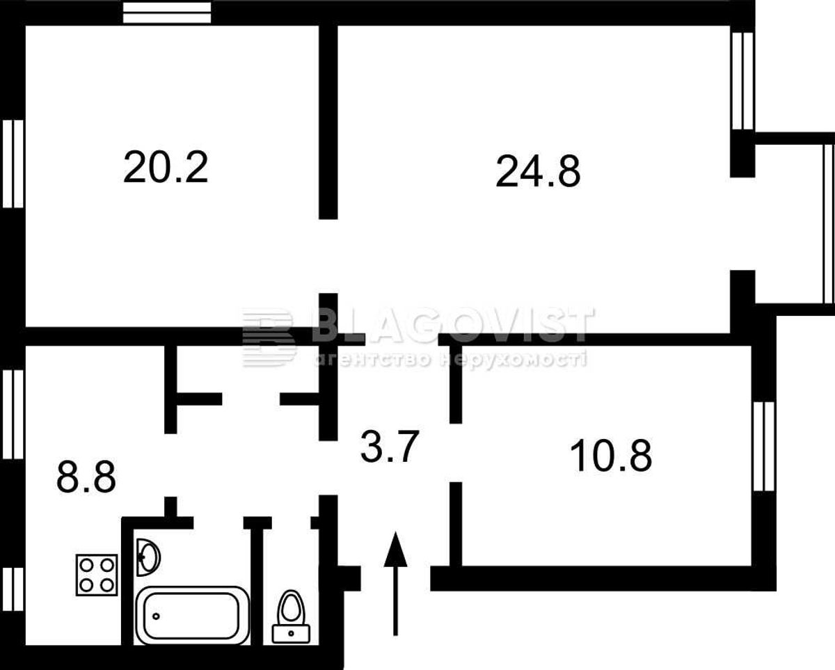 Floor plan — 2-Bedroom Apartment for Sale on Bulvarno-Kudriavska, 31a — Stalinka
