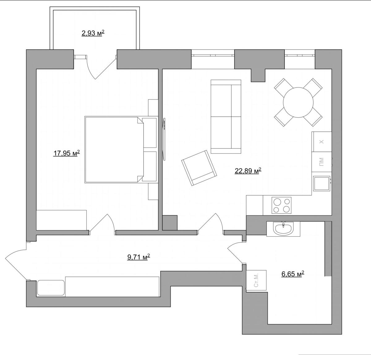 Floor plan — 1-Bedroom Apartment for Rent on Reitarska, 30 — Stalinka
