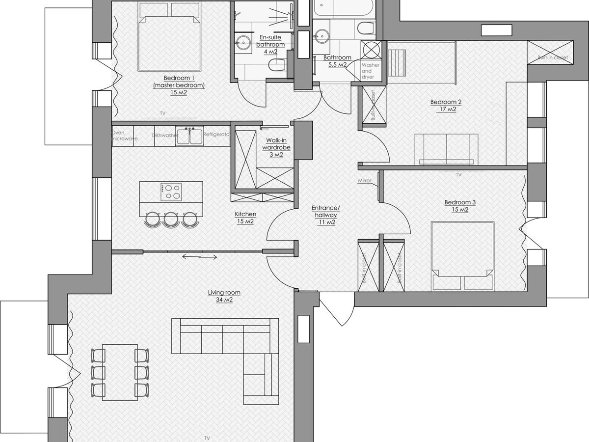 Floor plan — 3-Bedroom Apartment for Rent on Mykhaila Kotsiubynskoho, 9 — Stalinka