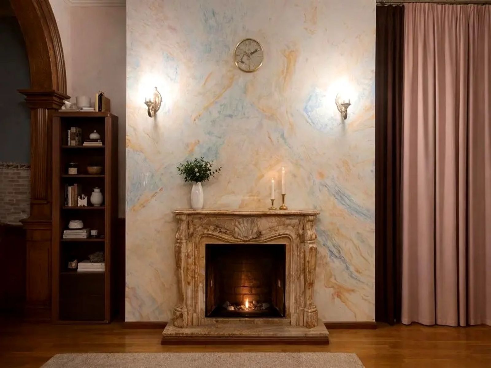 Living room with ornate fireplace and marble mantel, Bohdana Khmelnytskoho 32, Kyiv — Vestor.Estate