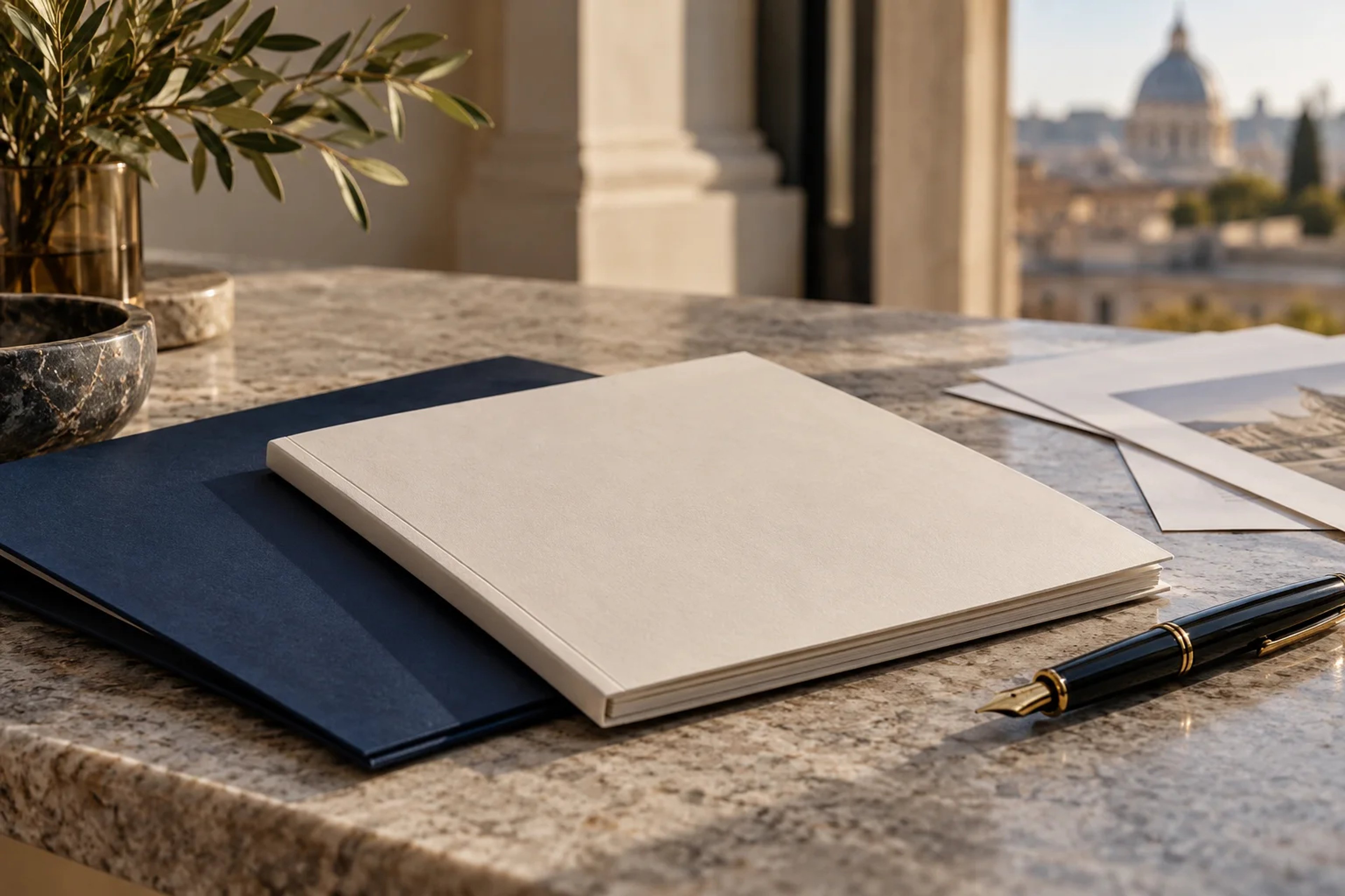 Policy papers and a fountain pen on a stone desk