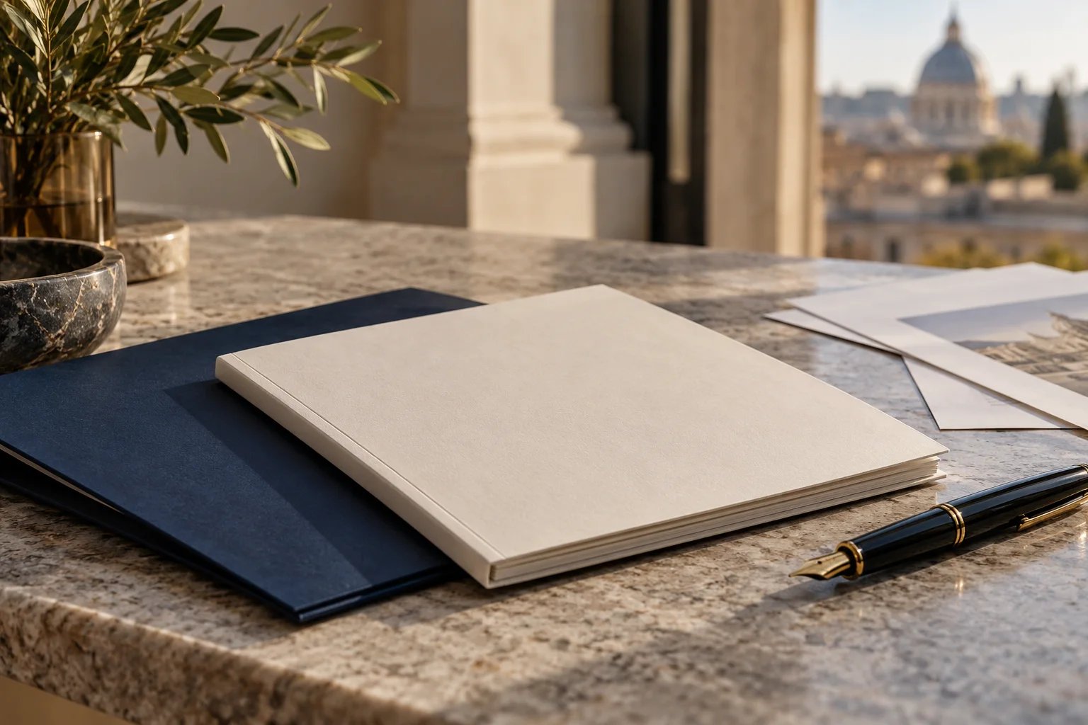 Policy papers and a fountain pen on a stone desk