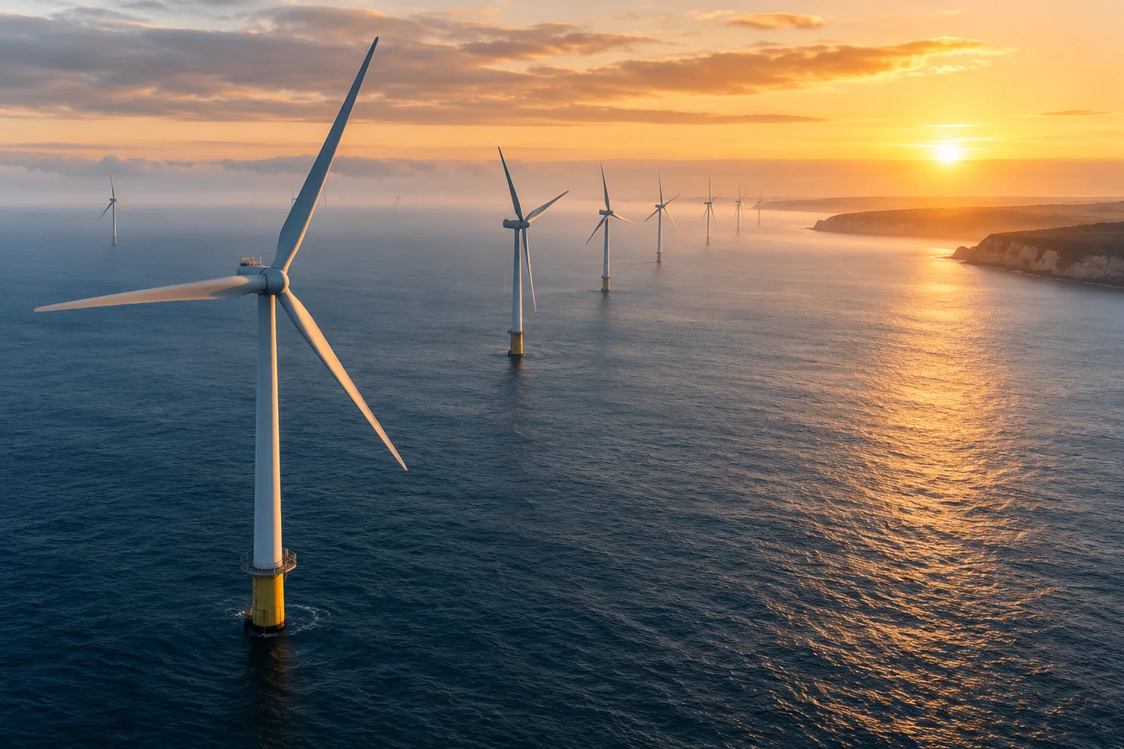 Offshore wind turbines at sunrise over blue water