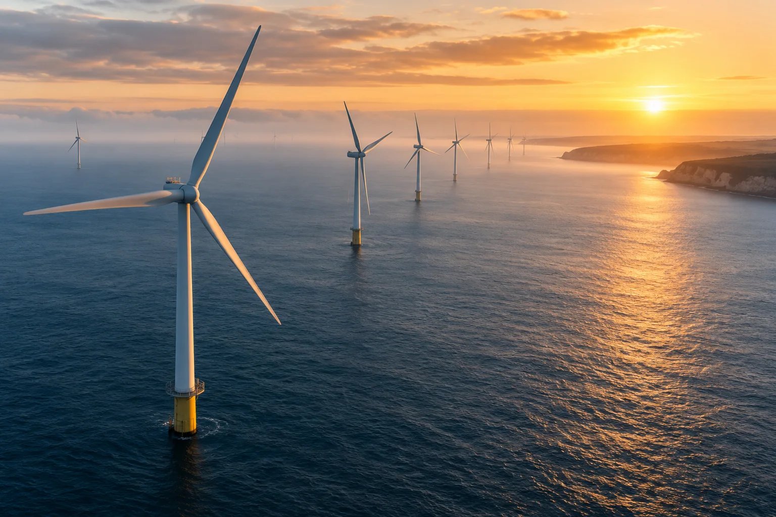 Offshore wind turbines at sunrise over blue water