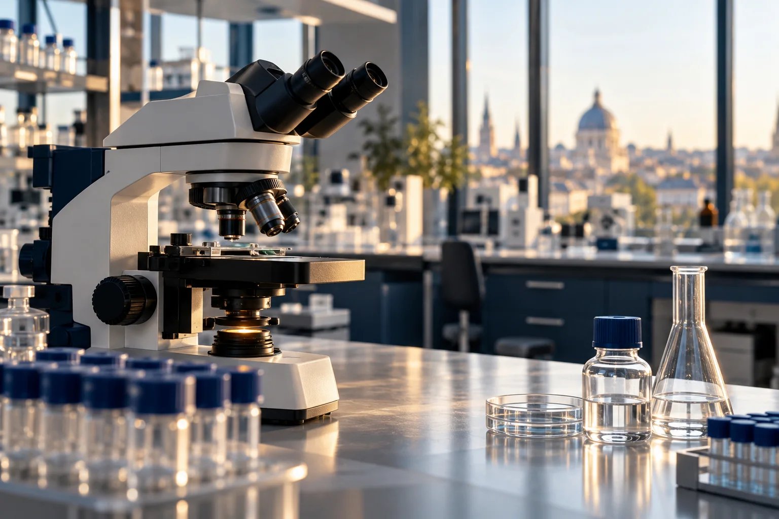 Microscope and glass sample vessels in a research laboratory