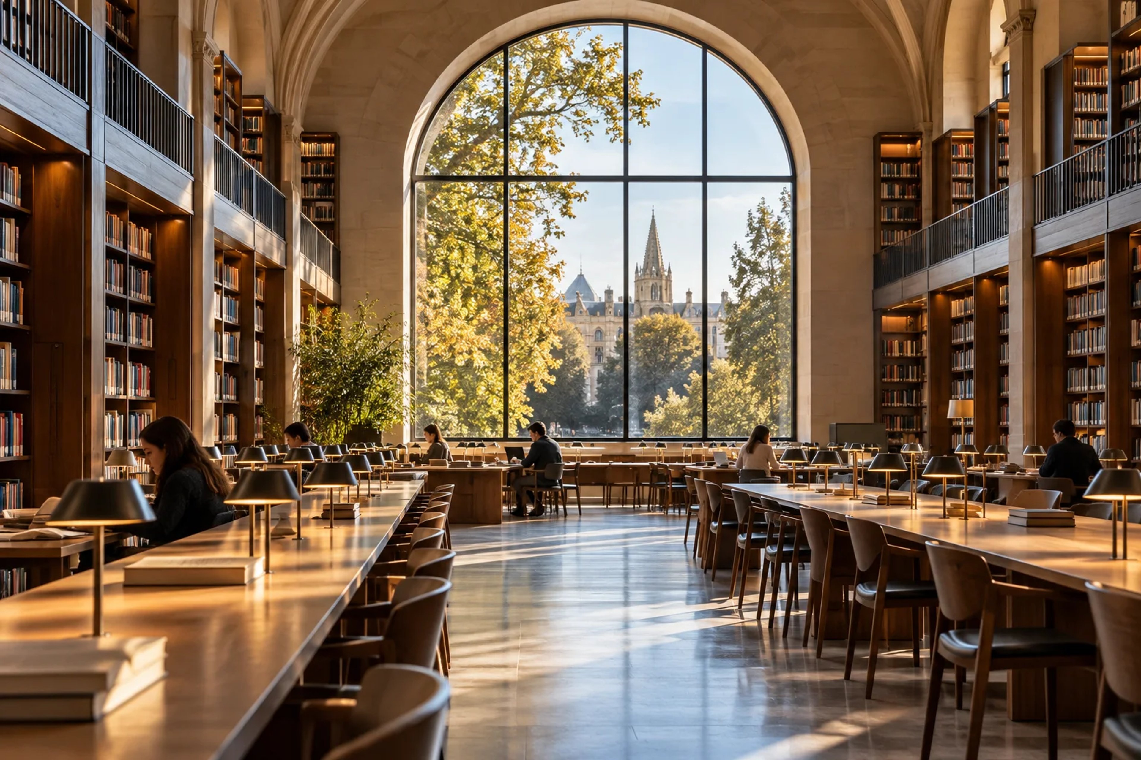European university library with study tables and a large arched window