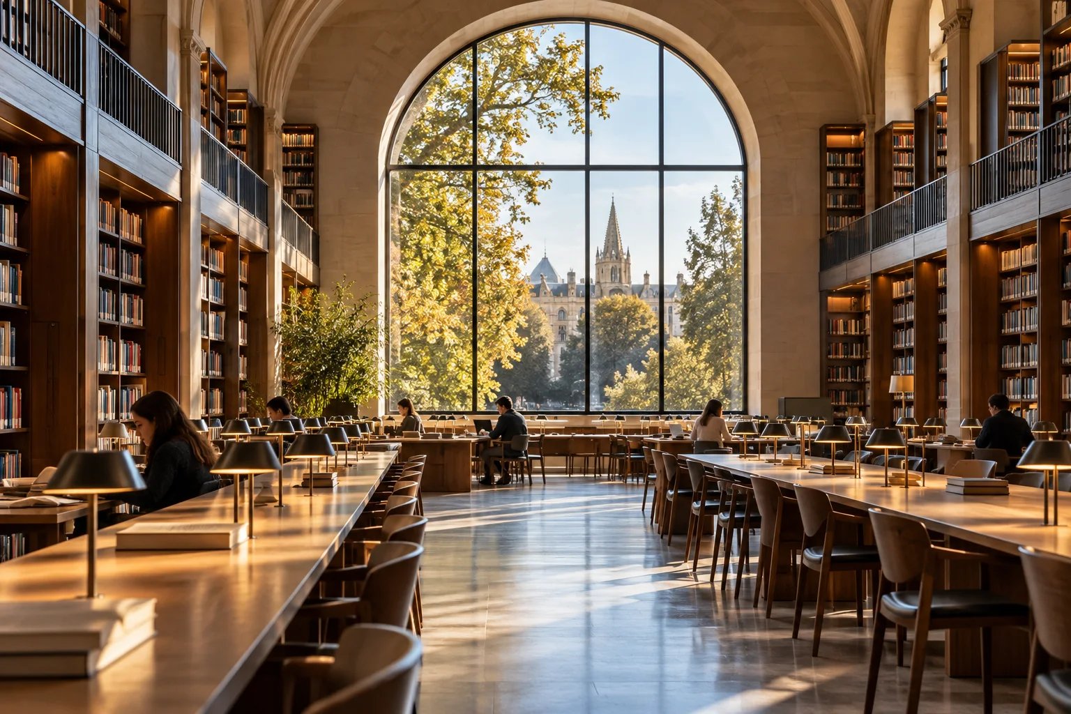 European university library with study tables and a large arched window