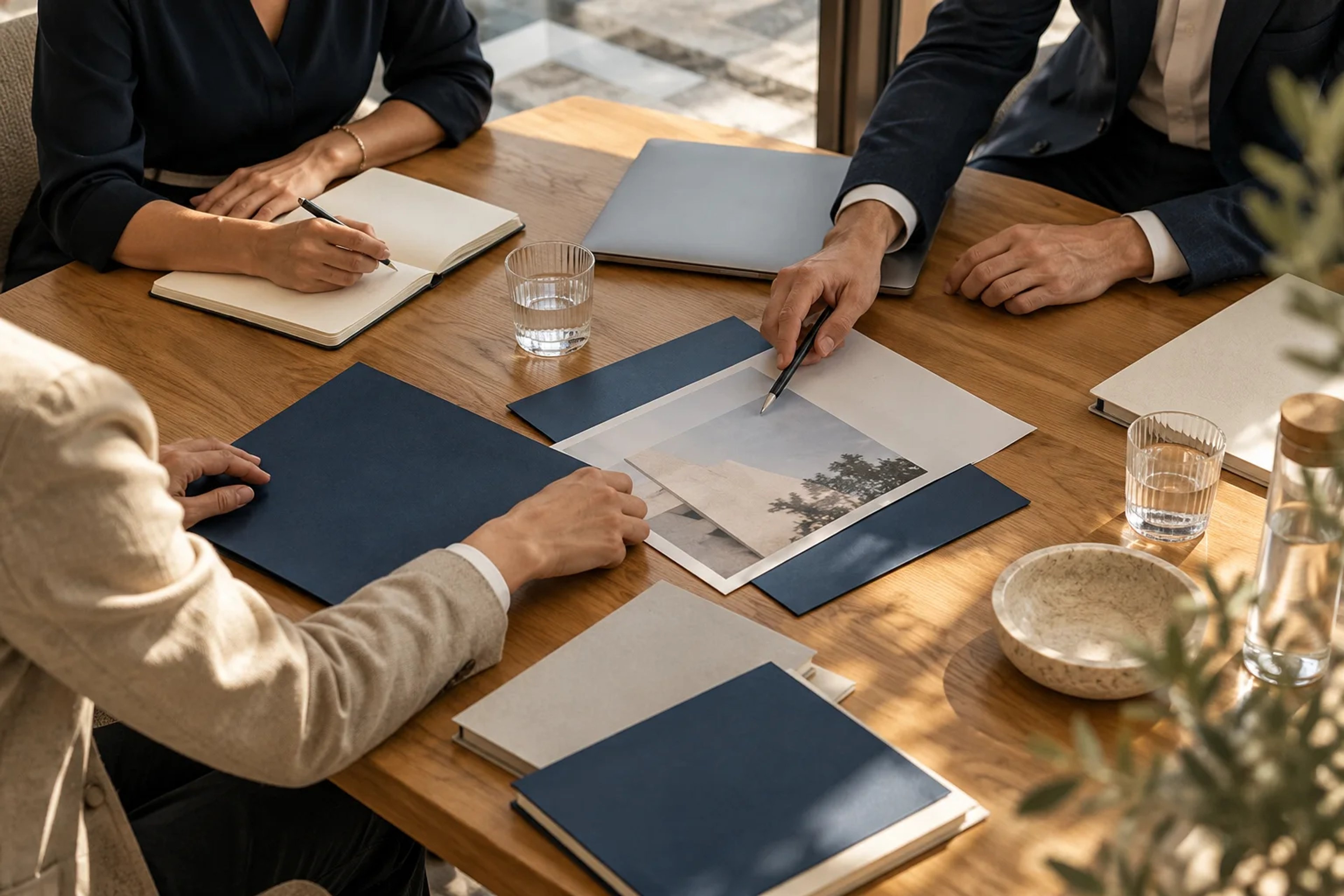 Project team reviewing documents around a shared table