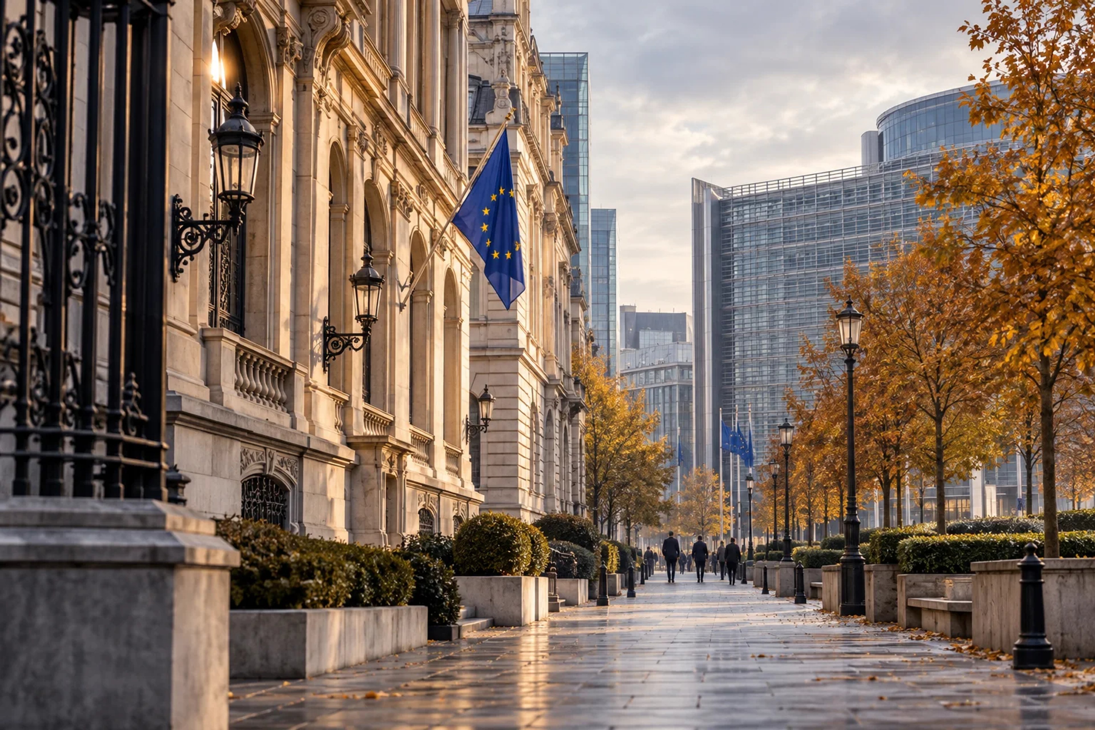 Brussels streetscape with European institutional architecture and an EU flag