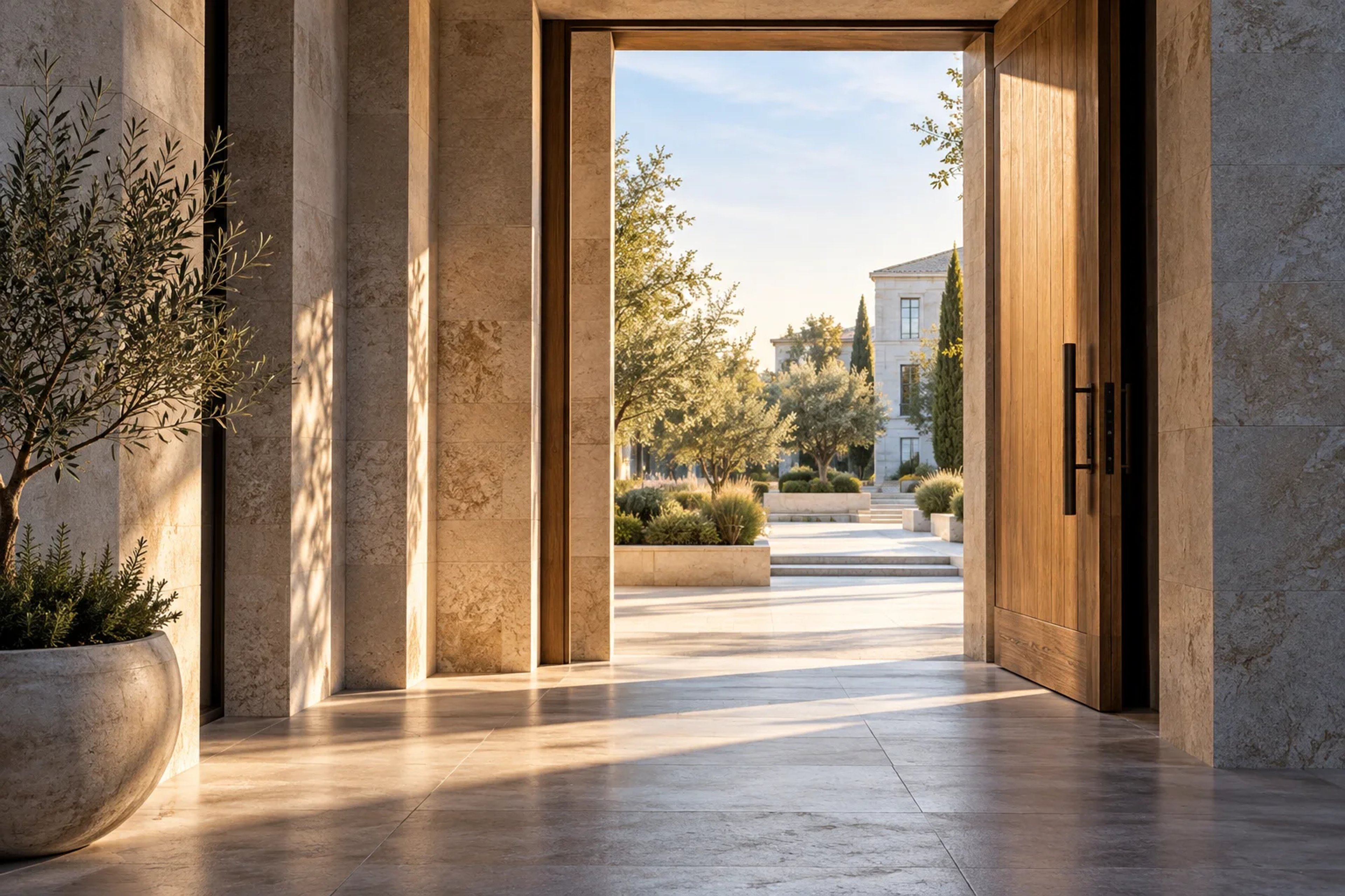 Open timber doorway leading into a sunlit courtyard