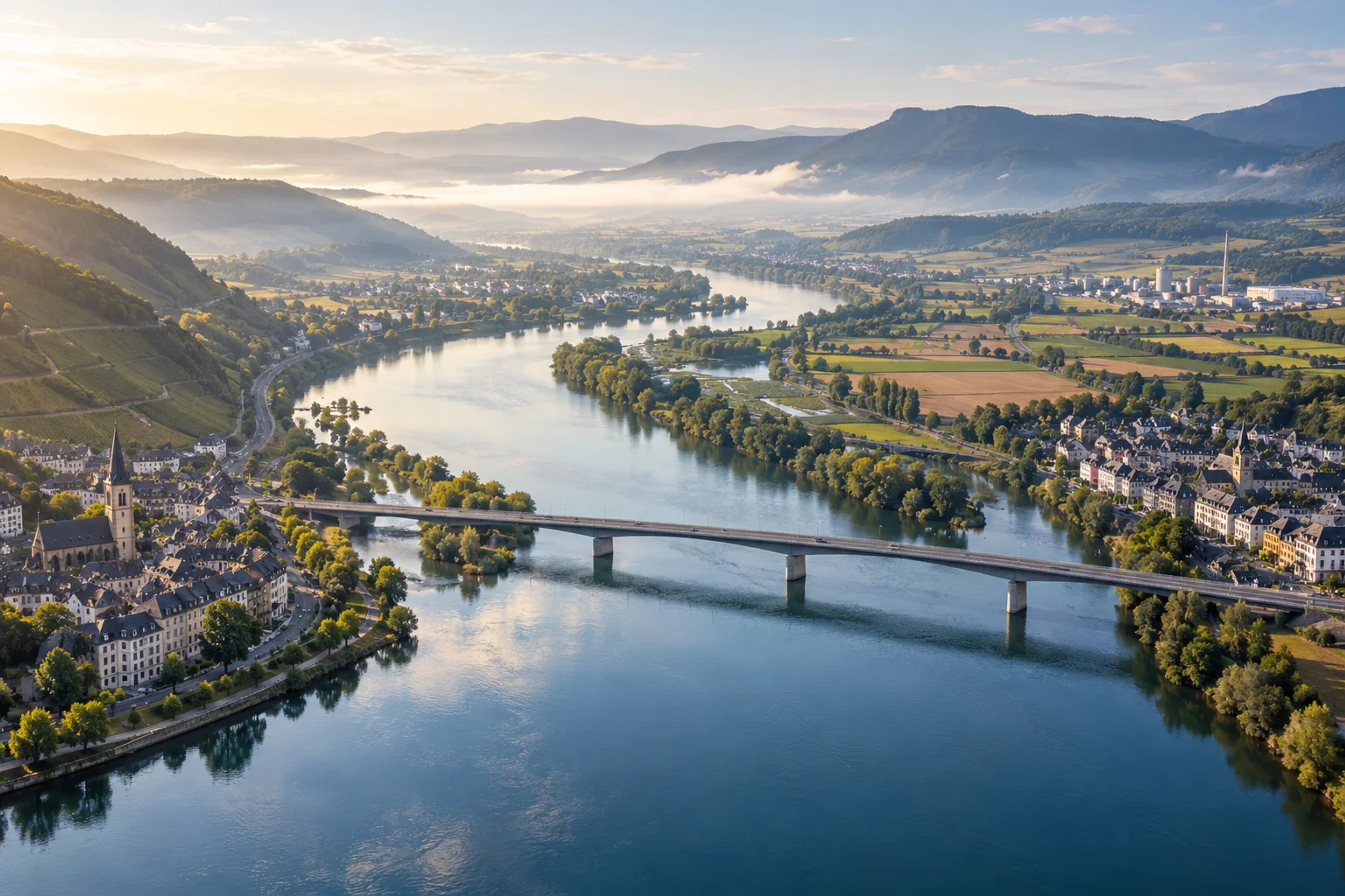 Bridge linking two regional towns across a European river valley