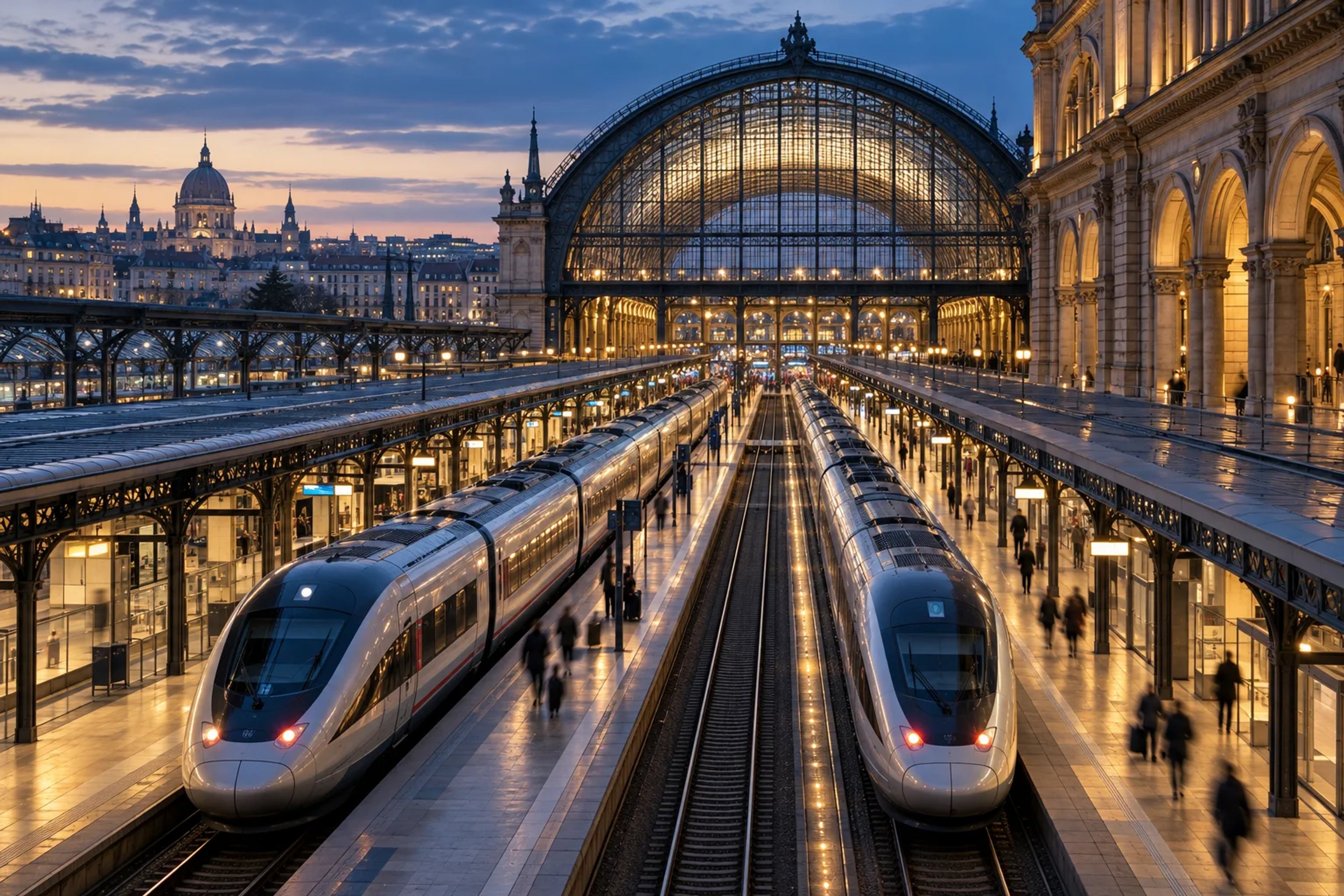 High-speed trains at a European railway station at blue hour