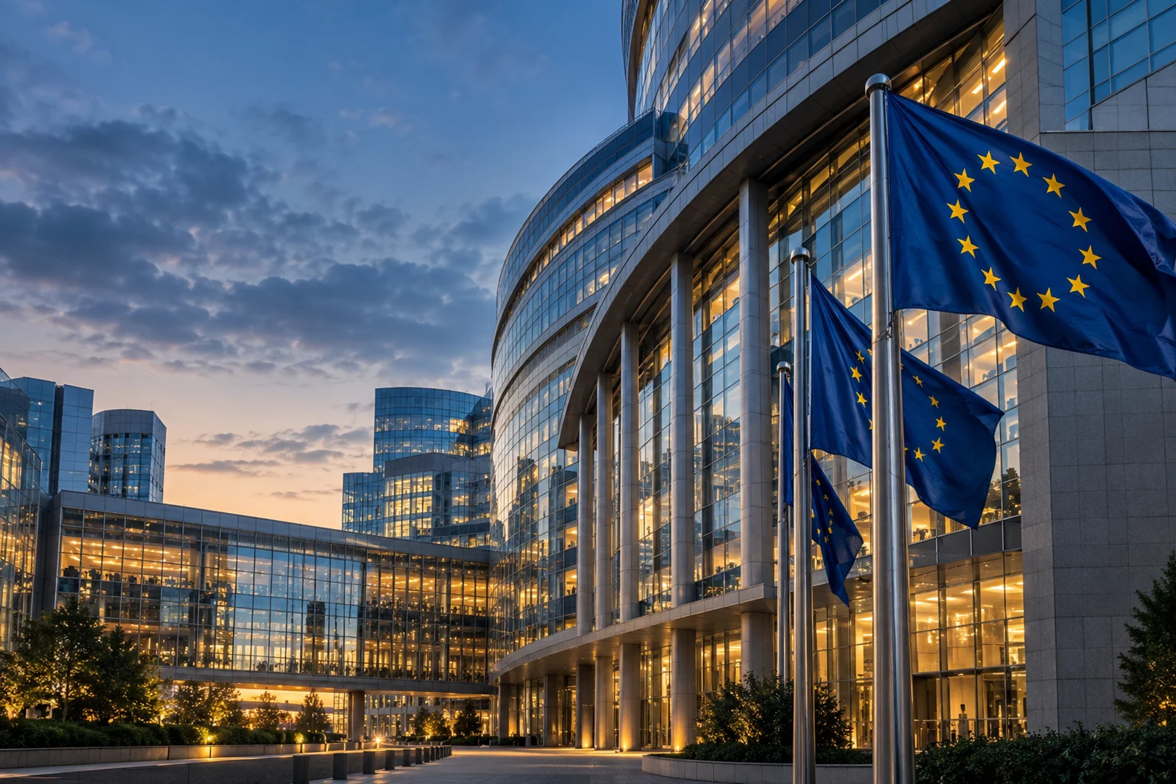 Illustrative view of the European Quarter in Brussels at blue hour