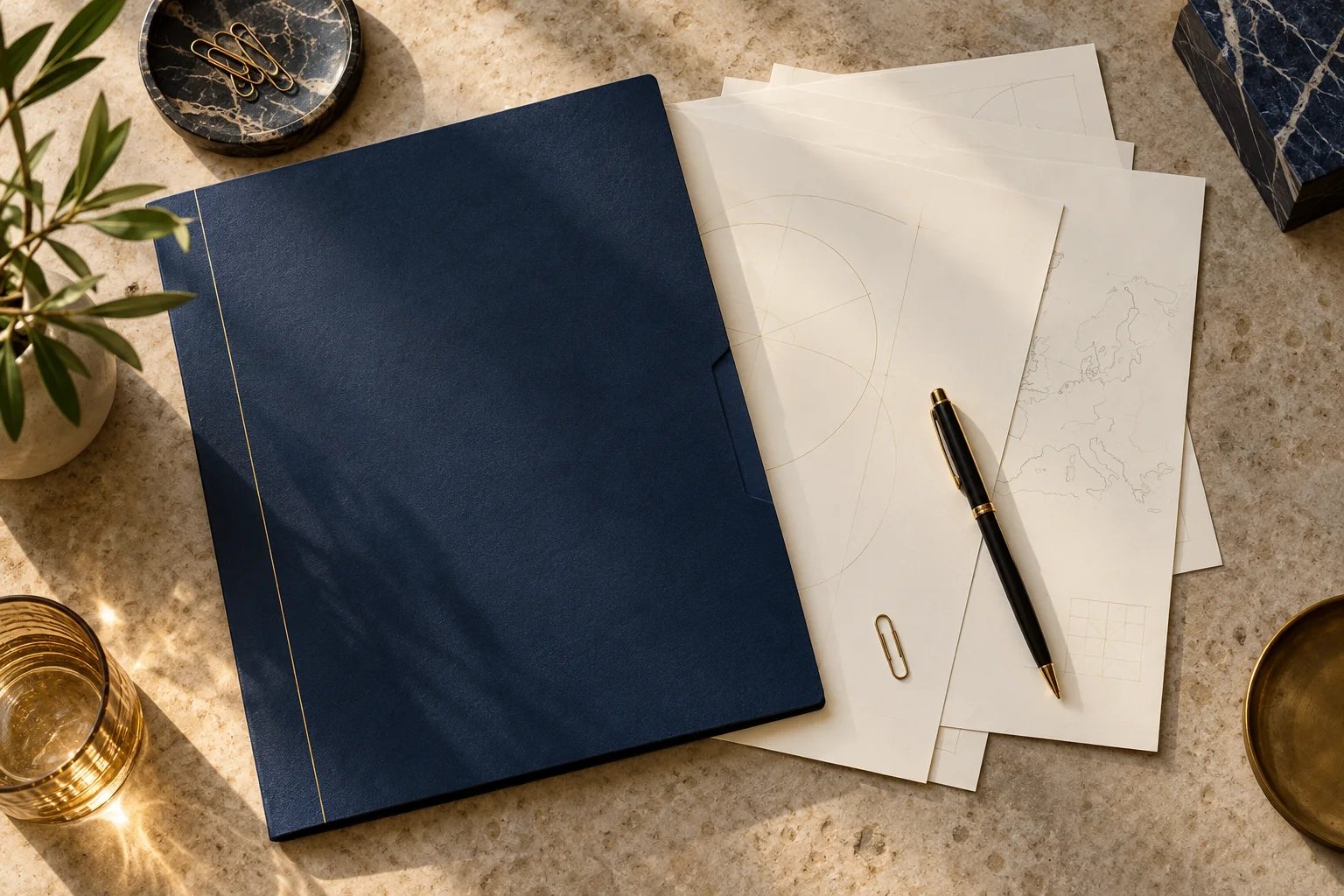 Proposal papers, a navy folder and a pen arranged on a desk