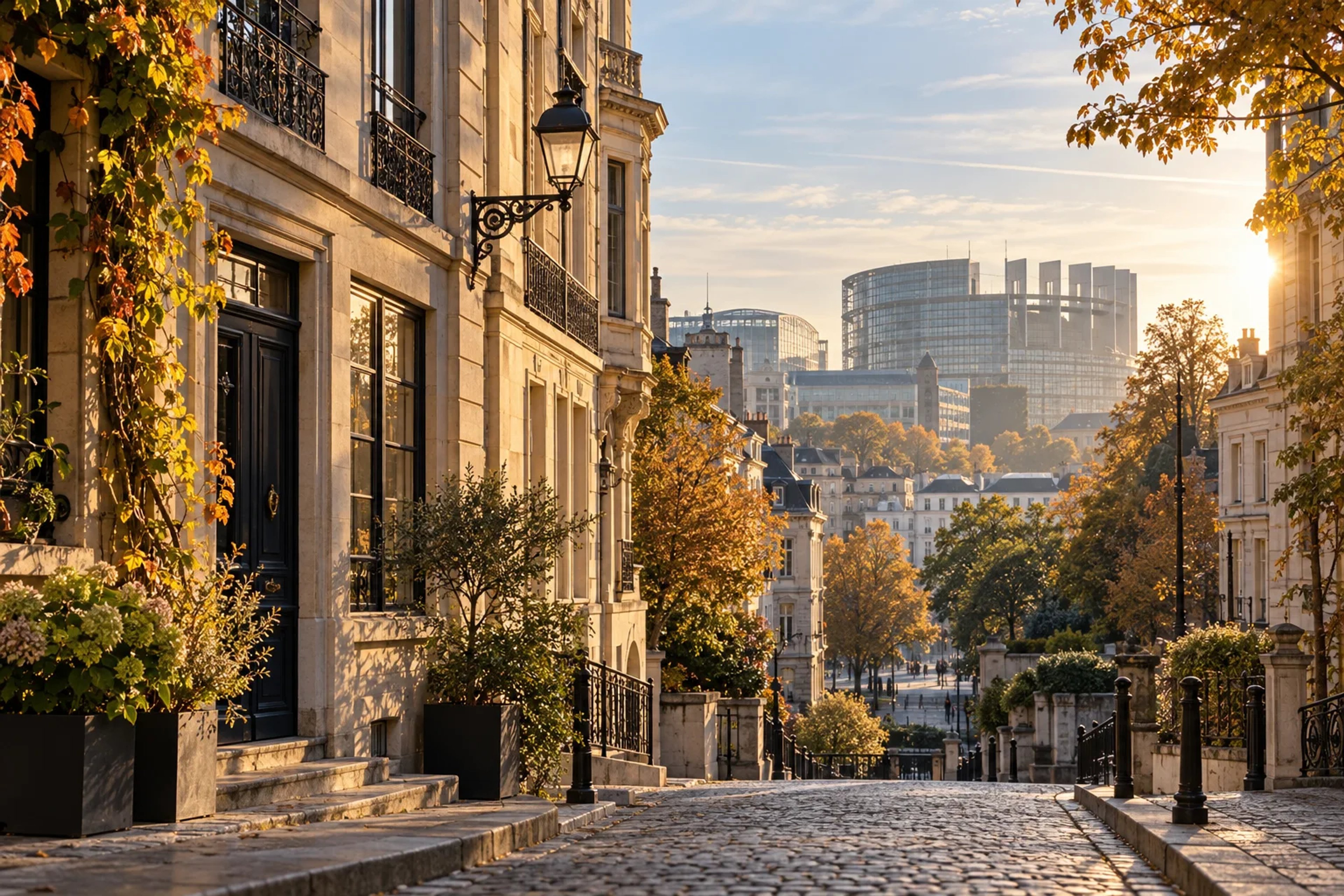 Sunlit Brussels street with historic stone façades and autumn trees