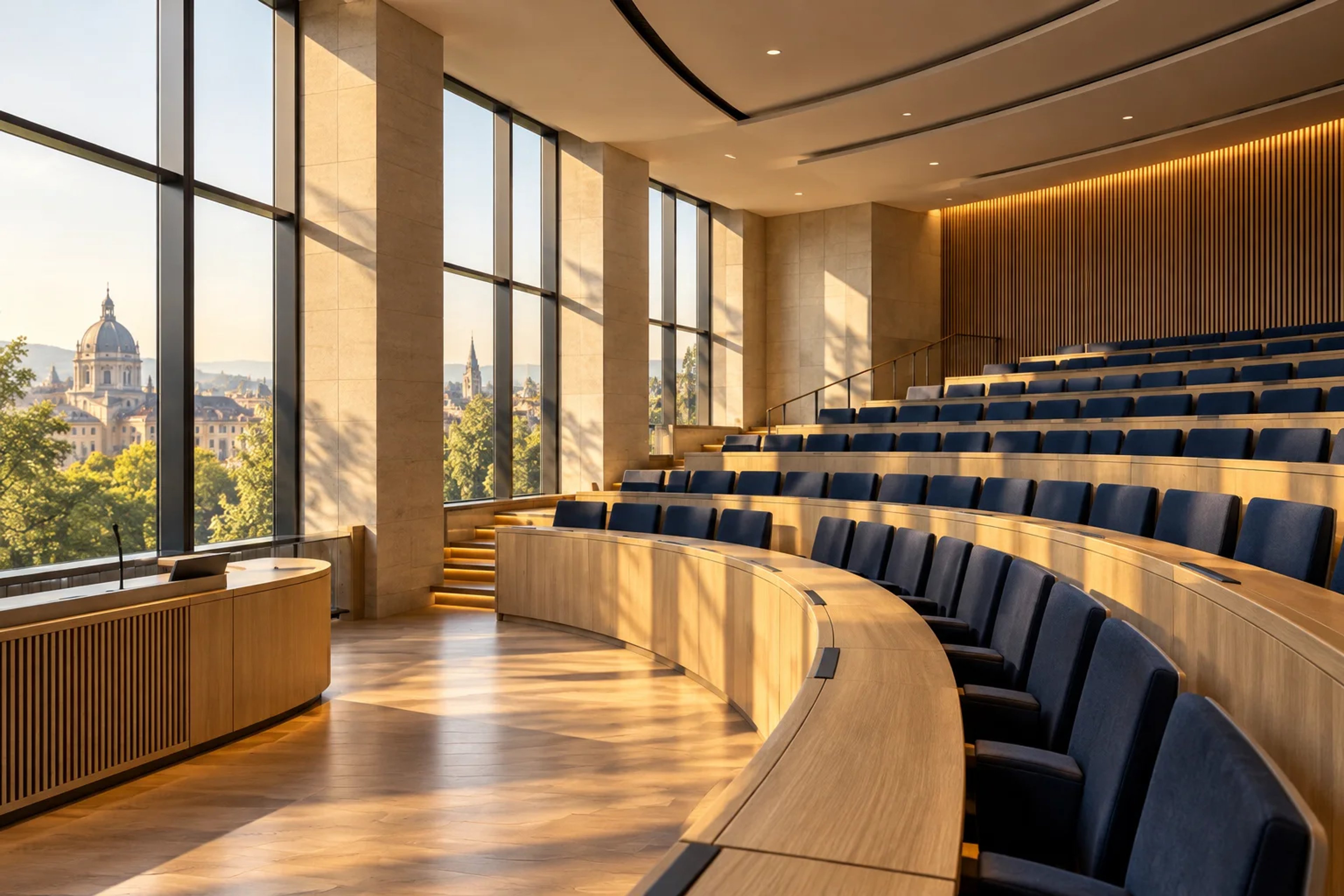 Contemporary lecture theatre with tiered oak desks and navy seats