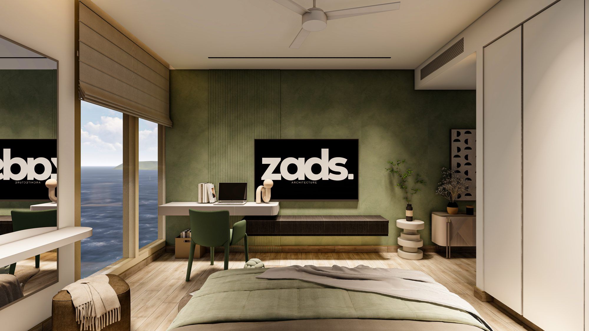 Render of a bedroom with an olive-green wall