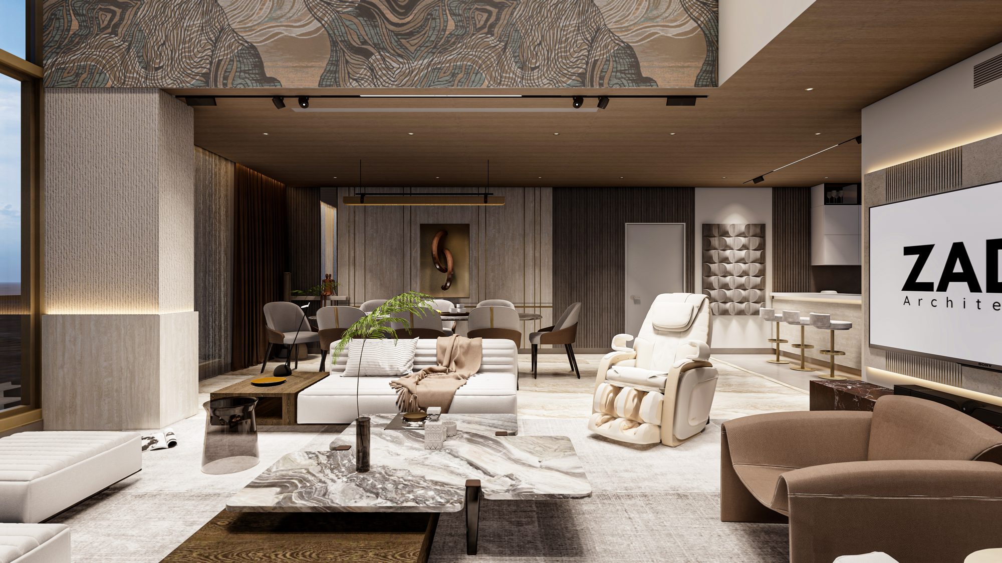 Render of the double-height living room