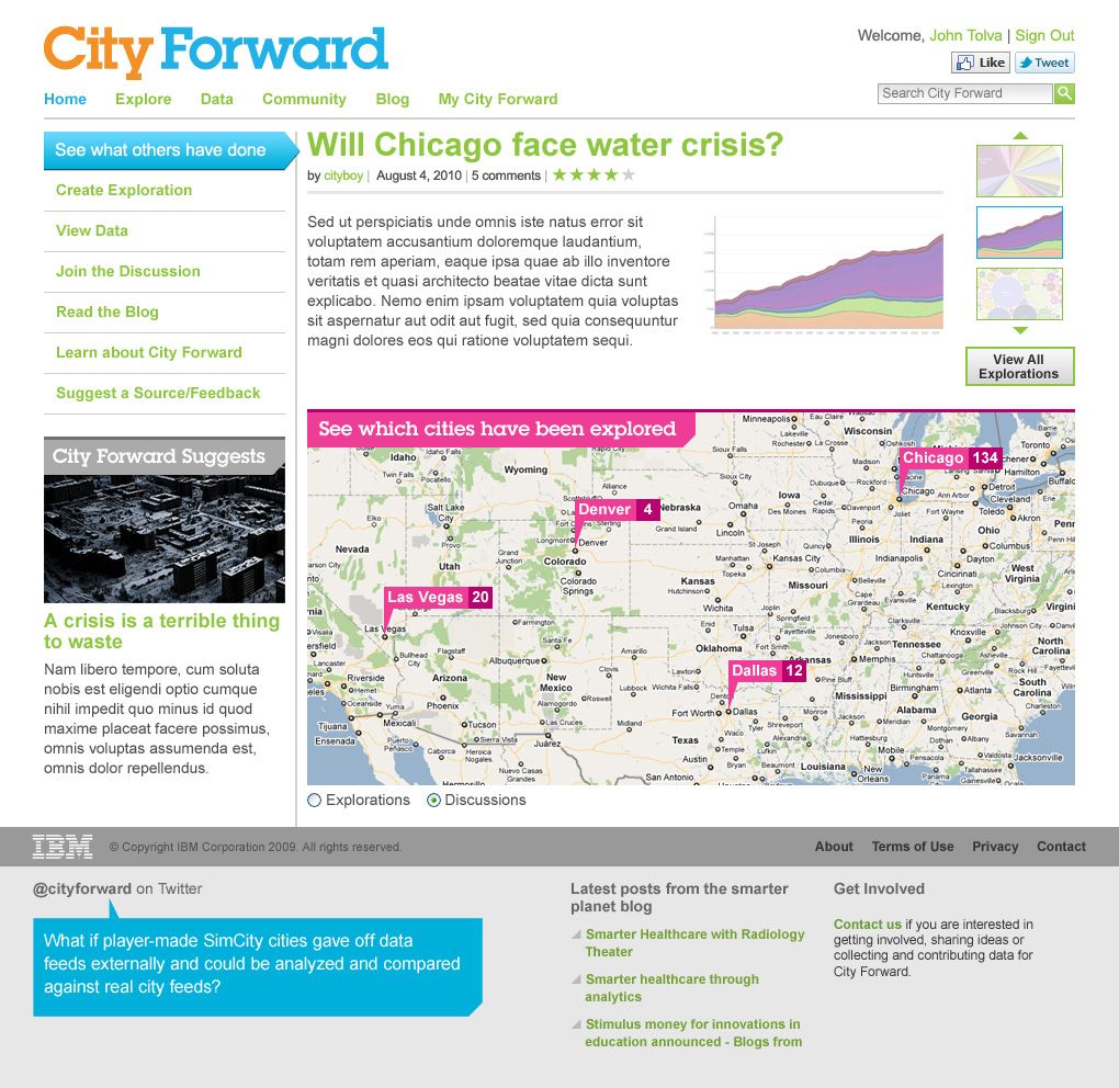 Second City Forward home page comp variant, with a divided task list beside the featured exploration and city map.