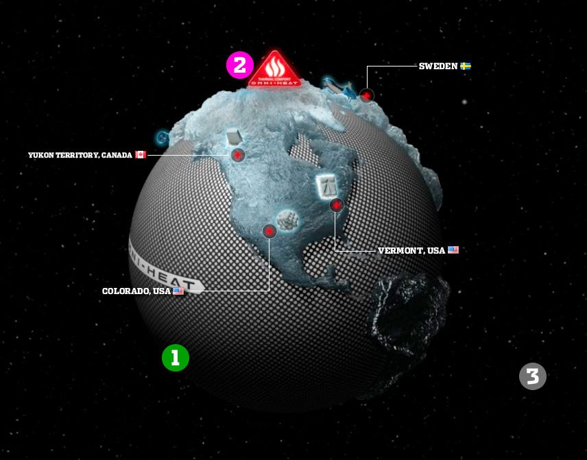 Columbia Omni-Heat 3D globe with stunt location markers for Yukon Territory, Colorado, Vermont and Sweden.