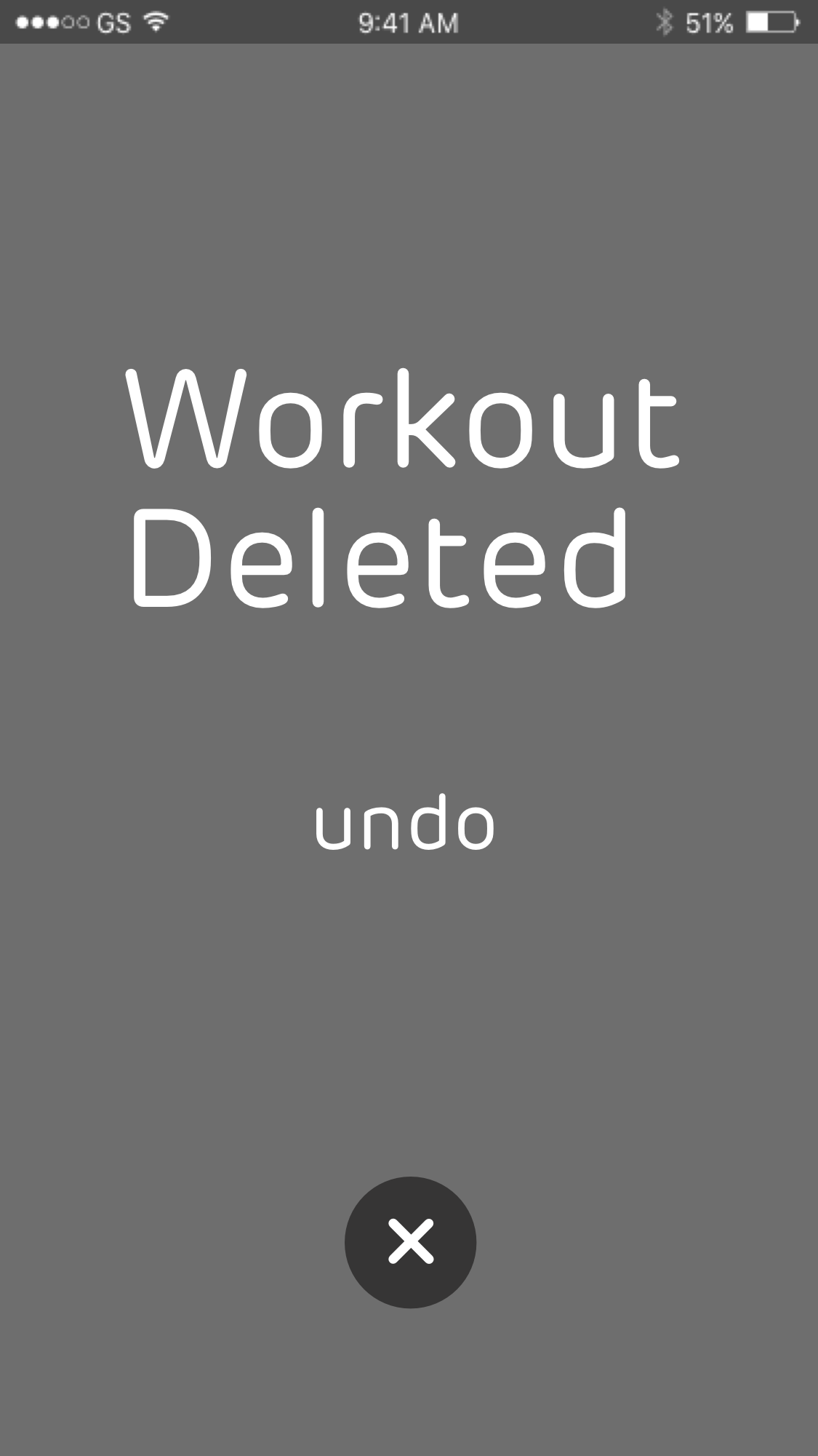 Enquos mobile comp of a Workout Deleted confirmation with an undo option and a close button.