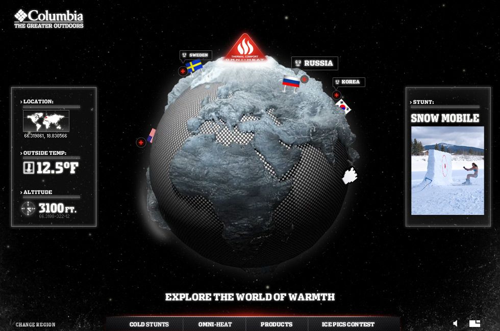 Columbia Omni-Heat globe with flagged stunt sites and panels showing location, outside temperature, altitude and a snowmobile stunt.