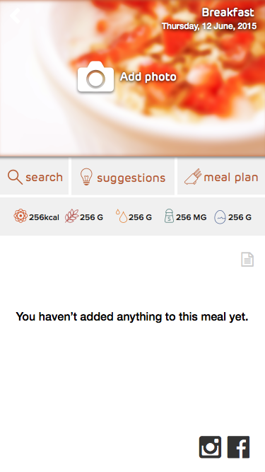 Enquos mobile comp of a Breakfast meal screen with add photo, search, suggestions, meal plan, nutrient totals and an empty state.