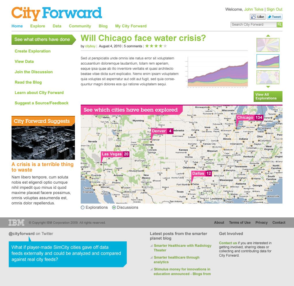 City Forward home page comp with a featured exploration, task links, a US map of explored cities and an IBM footer.