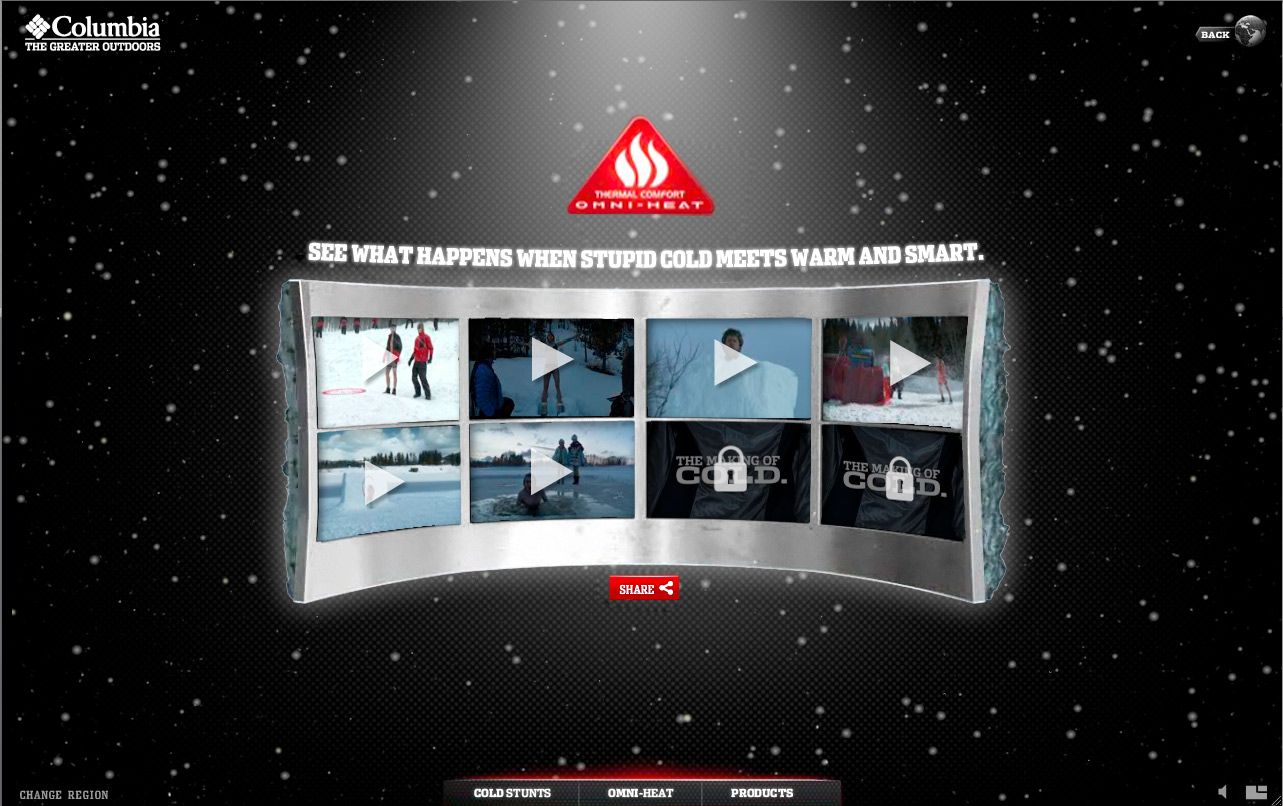 Columbia Omni-Heat video wall of cold stunt clips under "See what happens when stupid cold meets warm and smart."