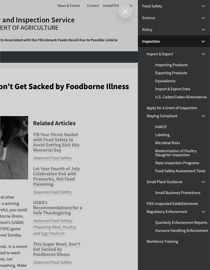 USDA FSIS site with the library navigation drawer open, expanding Inspection into Import & Export and compliance subsections.