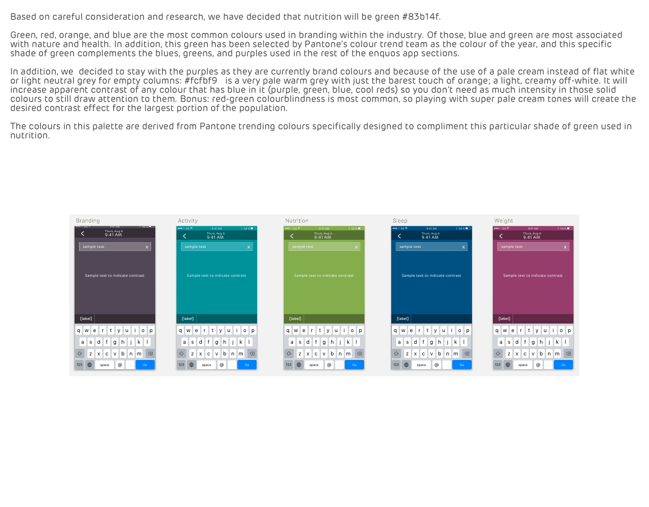 Enquos colour system page explaining the choice of green #83b14f, above five color-coded app section screens.