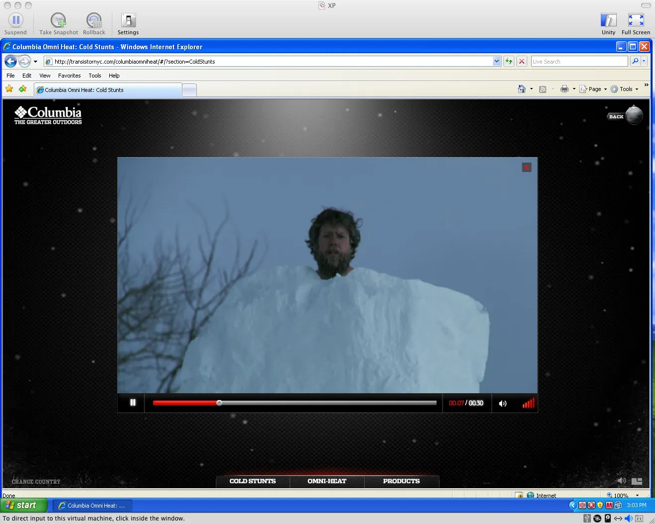 Columbia Omni-Heat site running in Internet Explorer 7 on a Windows XP virtual machine, playing a cold stunt video.