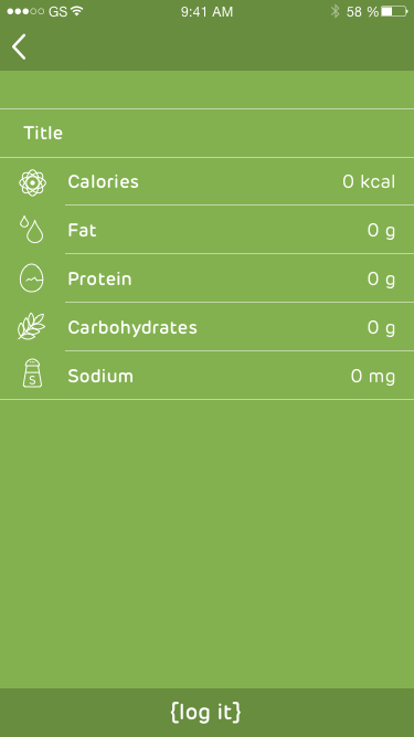 Enquos mobile comp for logging food by free numbers, with zeroed calories, fat, protein, carbs and sodium and a log it button.