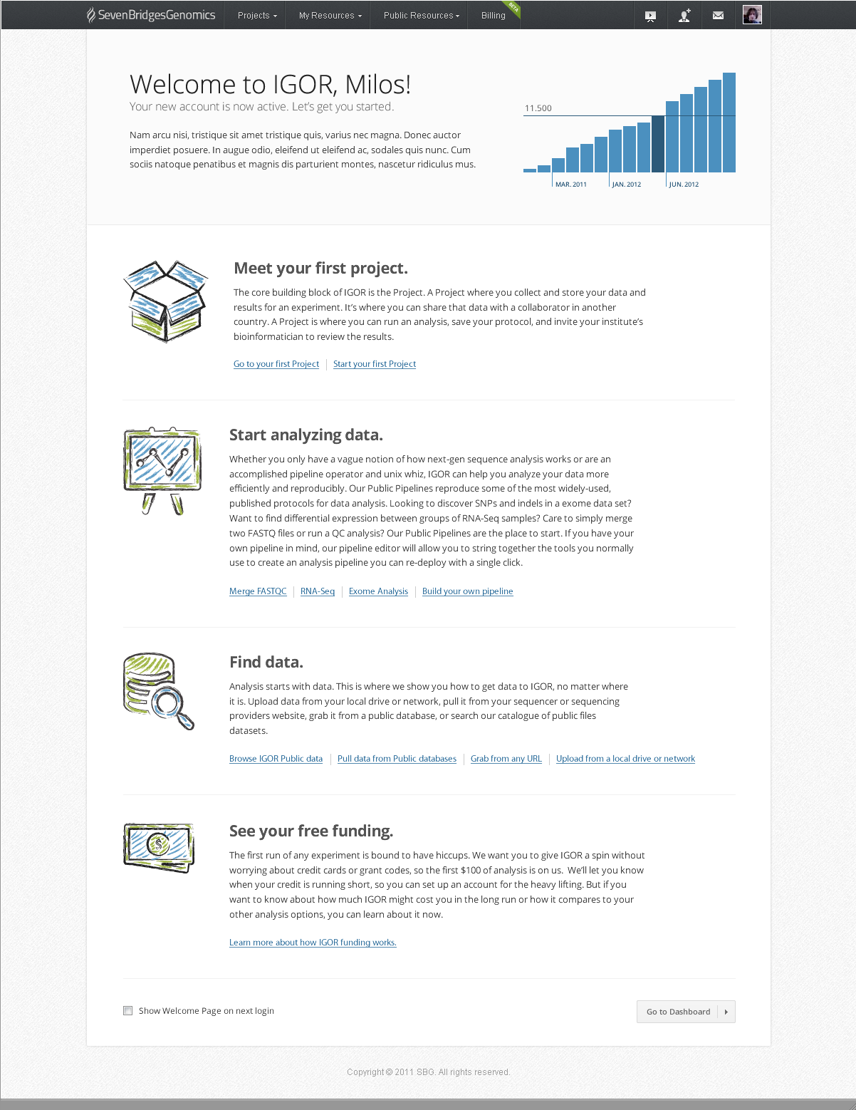 Seven Bridges IGOR welcome page mockup greeting a new user, with a usage chart and sections for projects, analysis, data, funding.