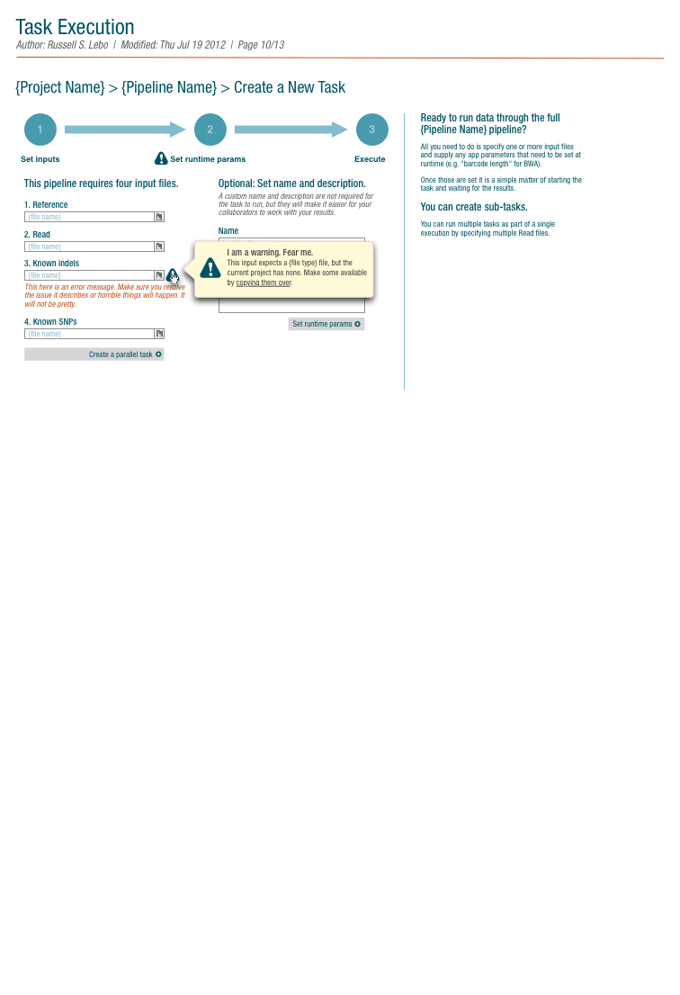 Seven Bridges Task Execution spec page showing a three-step task wizard with an inline input error and a warning tooltip.