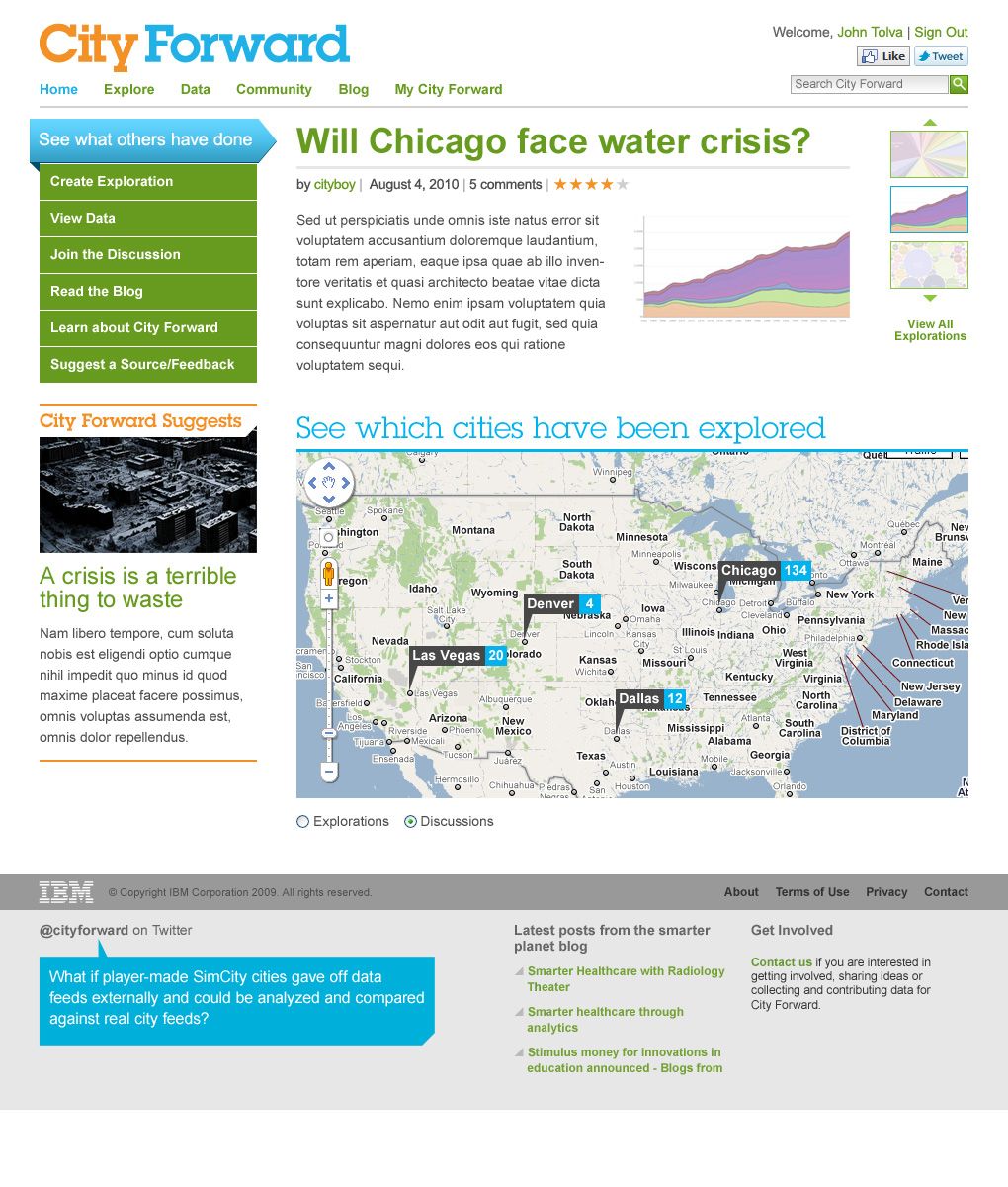 Third City Forward home page comp variant, with green task buttons, a blue map heading and an interactive Google map.