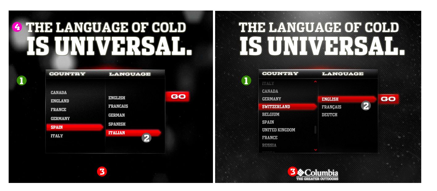 Two Columbia Omni-Heat region selectors under the headline "The language of cold is universal," pairing country and language lists.