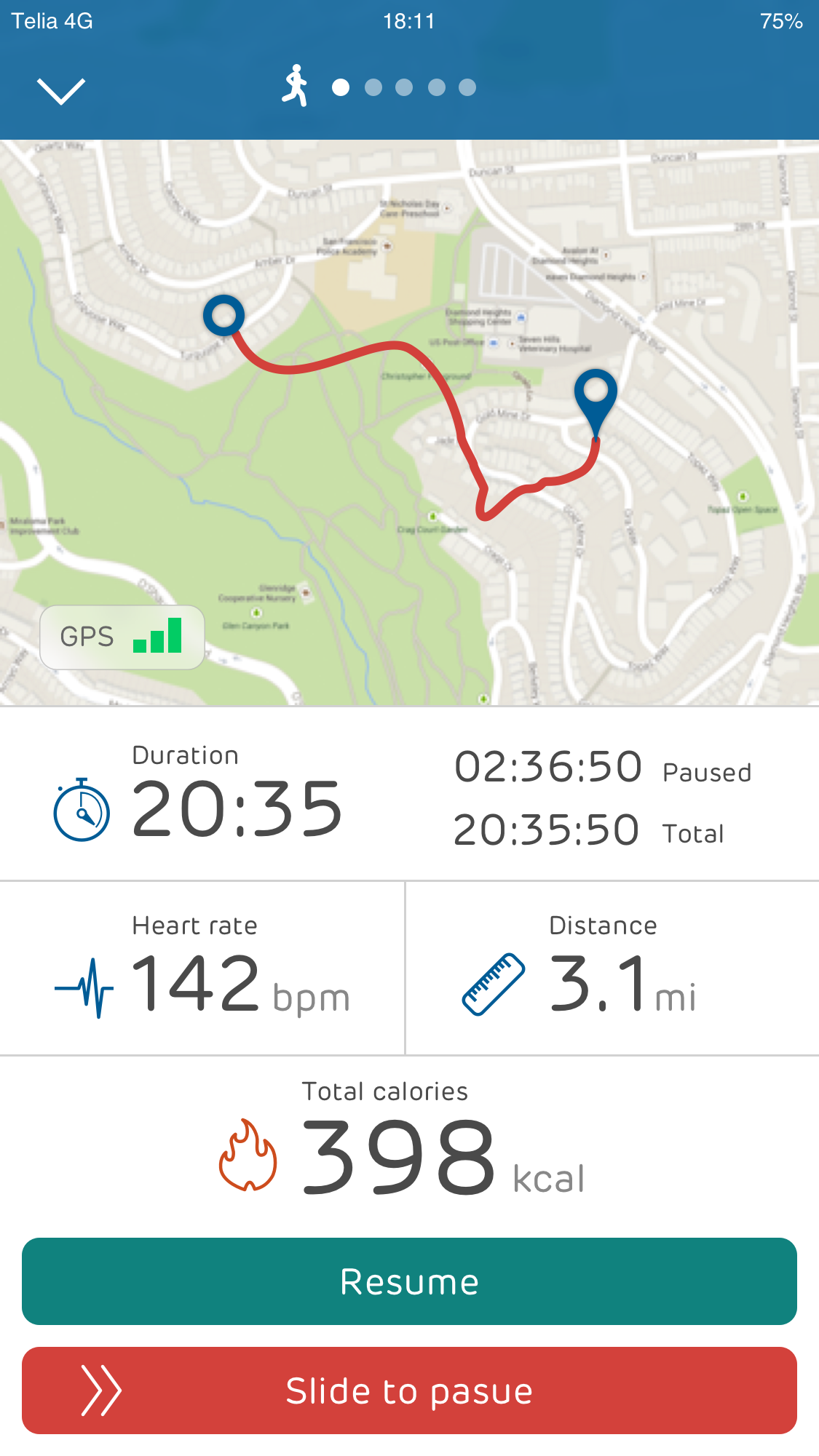 Enquos workout recording screen with a GPS route map, duration, heart rate, distance, calories, and resume and pause controls.